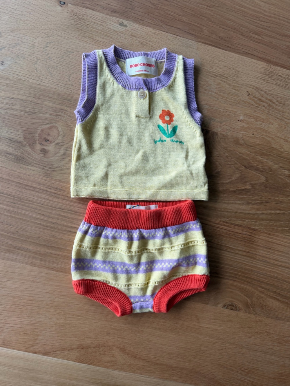 Worn Once- Bobo Choses Yellow & Purple Knit Kids Tank Top and Bloomers Set 0-1 M